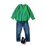 Cotton Stripe Shirt V Neck / Green