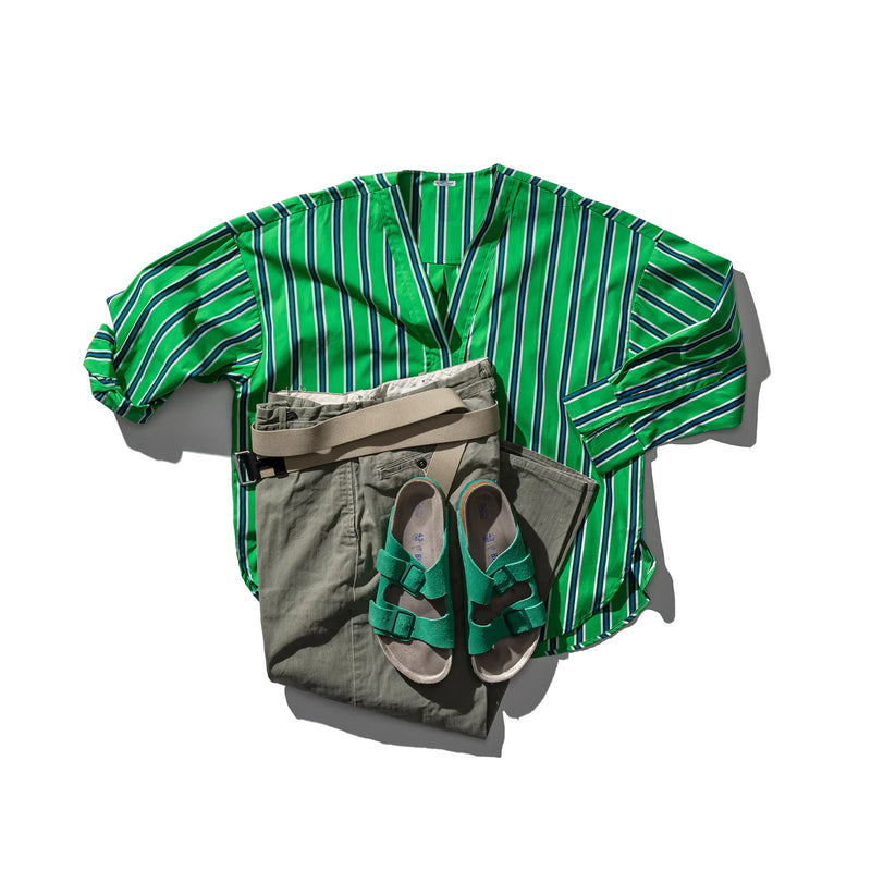 Cotton Stripe Shirt V Neck / Green