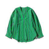 Cotton Stripe Shirt V Neck / Green