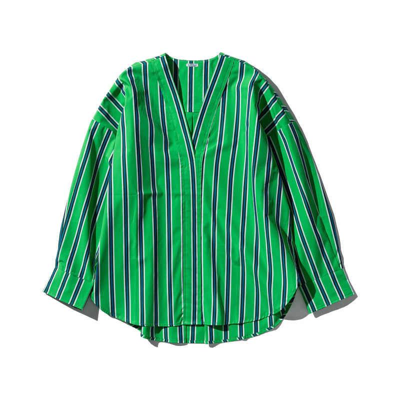 Cotton Stripe Shirt V Neck / Green